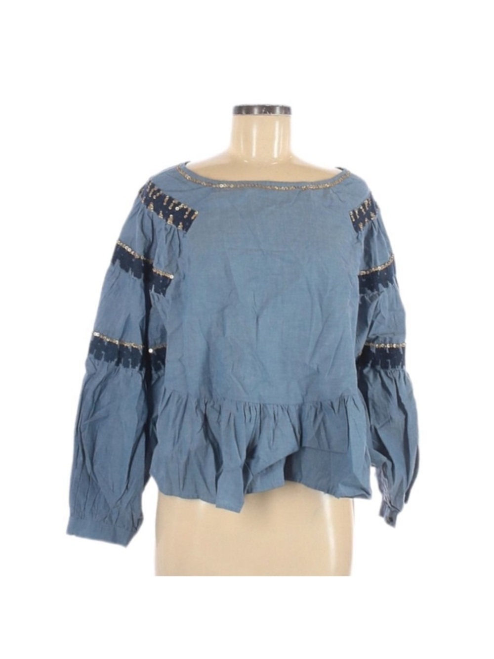 NWT Anthropologie RAGA Denim Sequin Balloon Sleeve Top M